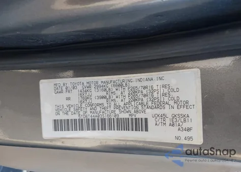 2003 Toyota Sequoia Sr5 V8 из США, поврежденный, VIN 5TDBT44A03S166109